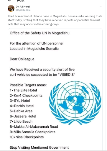 FALSE: United Nations office in Mogadishu did not issue a security alert in August 2024